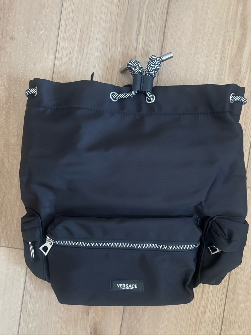 Versace Fragrance Black Nylon Drawstring Backpack with Front Zip Pocket